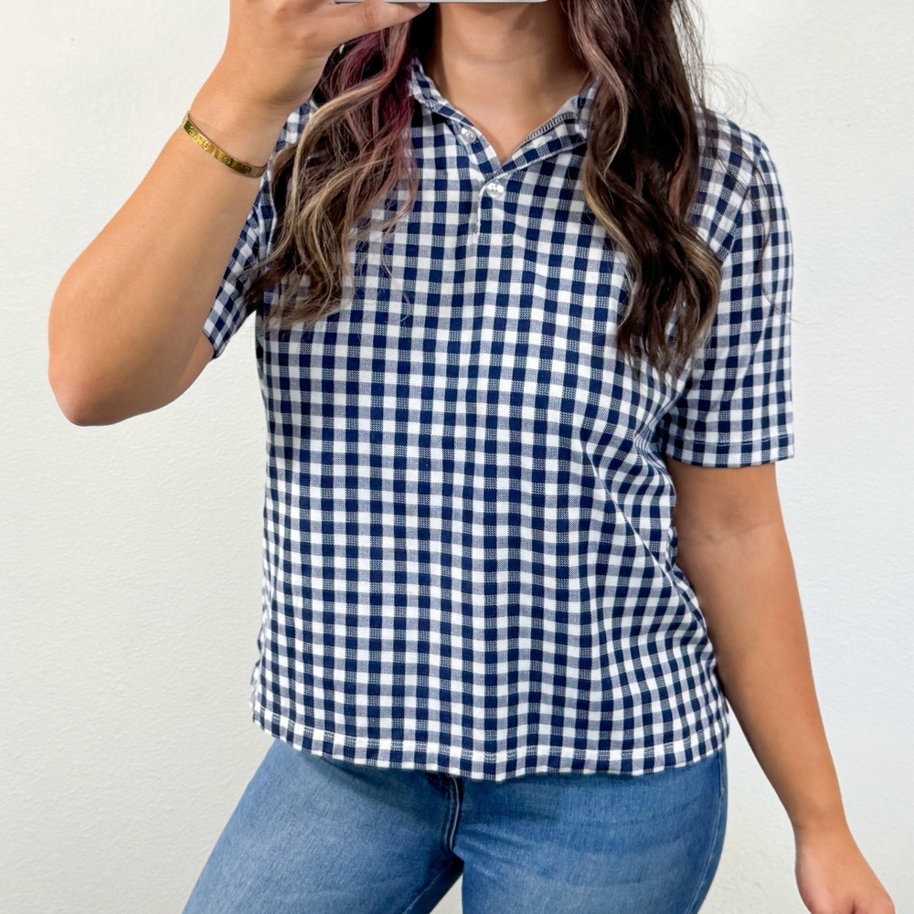 Navy blue and white gingham collared shirt
